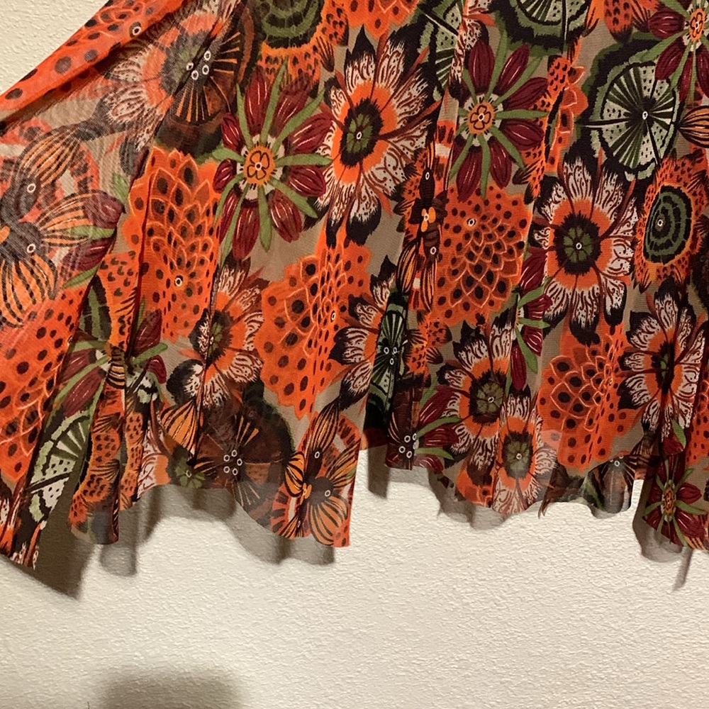 Tribal Skirt S Brown Red Orange Green Floral Mesh Like Shell Pull On Stretchy - Picture 4 of 16